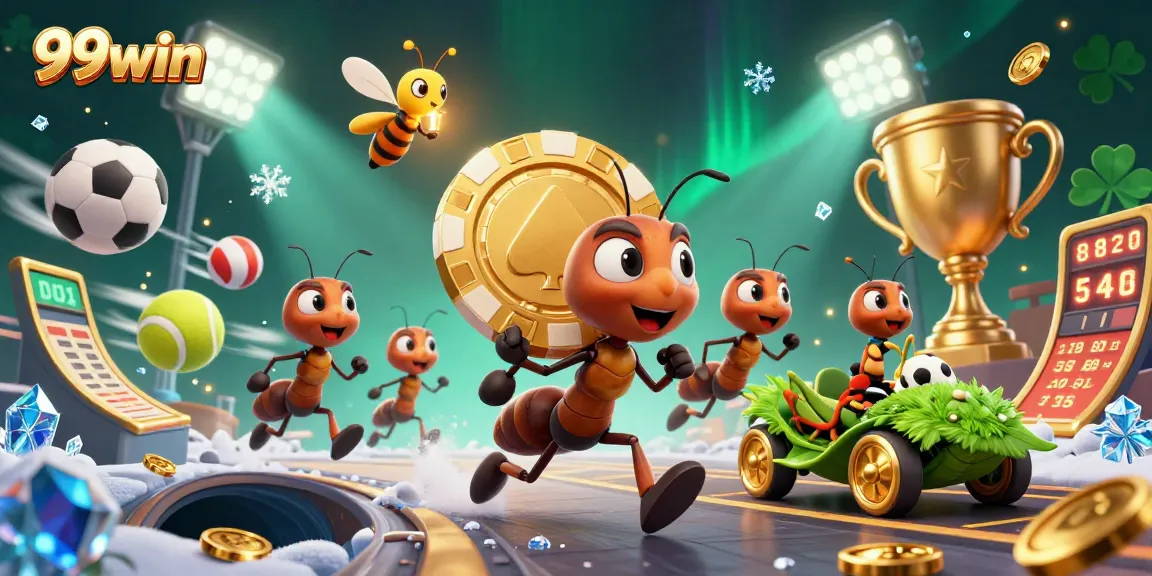 99win offers an exciting scene with cartoon ants on a heist, golden poker chips, and sports betting elements.