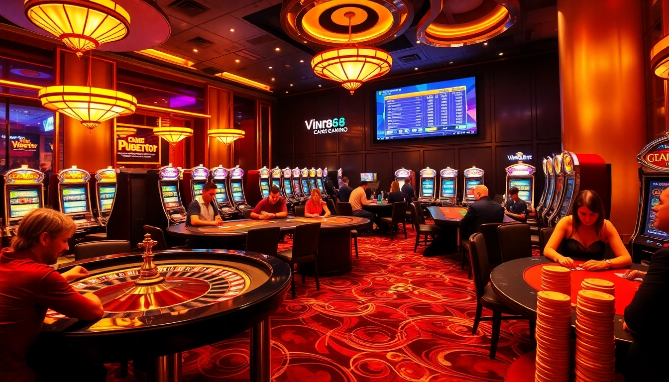 Players engaged in exciting gambling action at https://vin88ac.com/ casino tables with chips and cards.