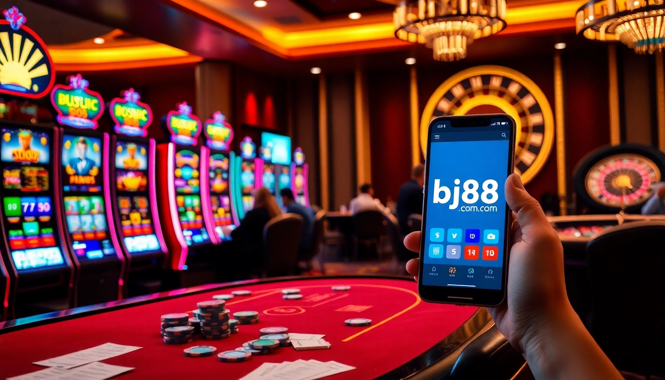 A vibrant casino scene showcasing online gambling on bj88 com with poker tables, slot machines, and roulette.