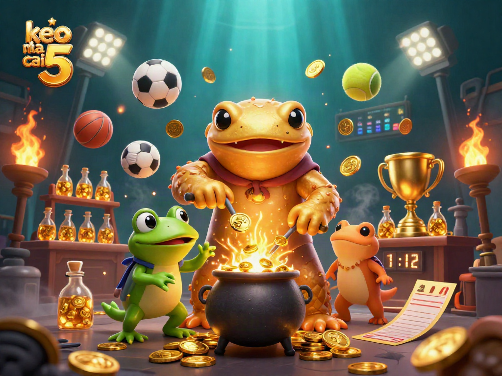 Bet on keo nha cai 5 with sports elements dynamically captured in a vibrant 3D casino illustration.