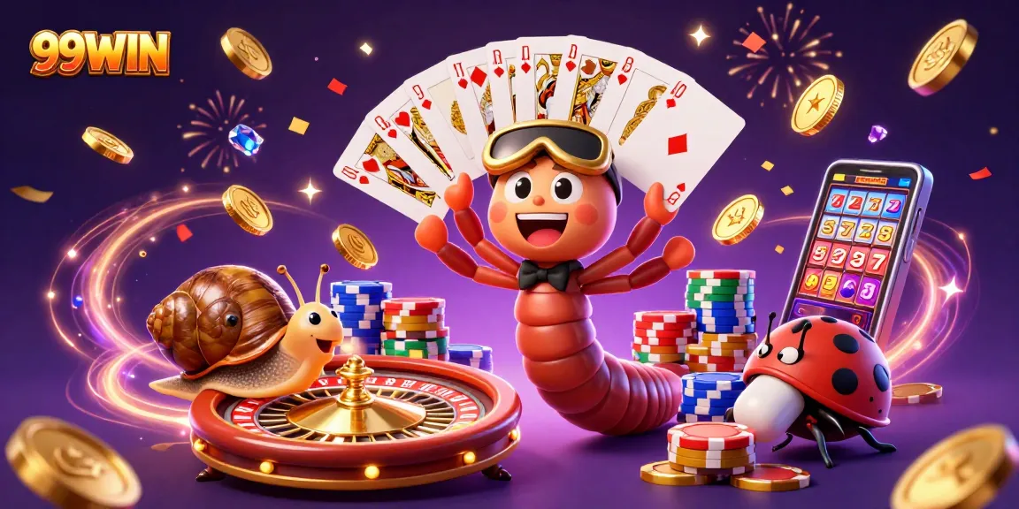 Experience thrilling gaming action with 99WIN's cartoon dealer, massive chips, and festive atmosphere.