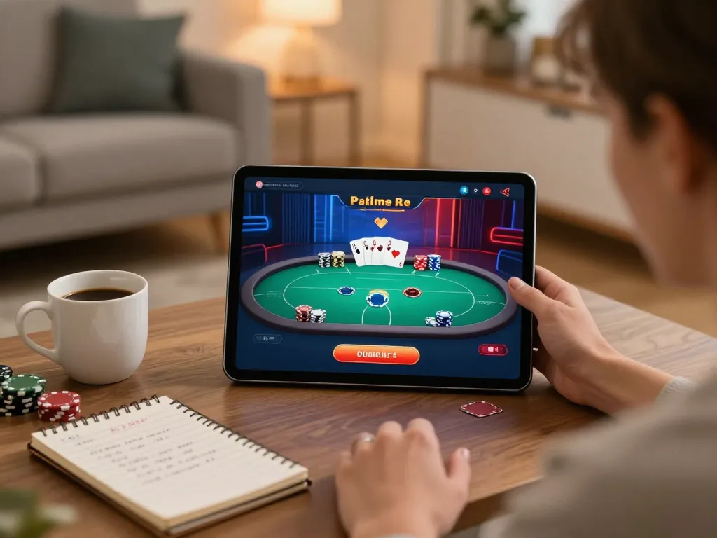 Engaging in strategic gameplay on OK365 app with cozy home environment and warm lighting