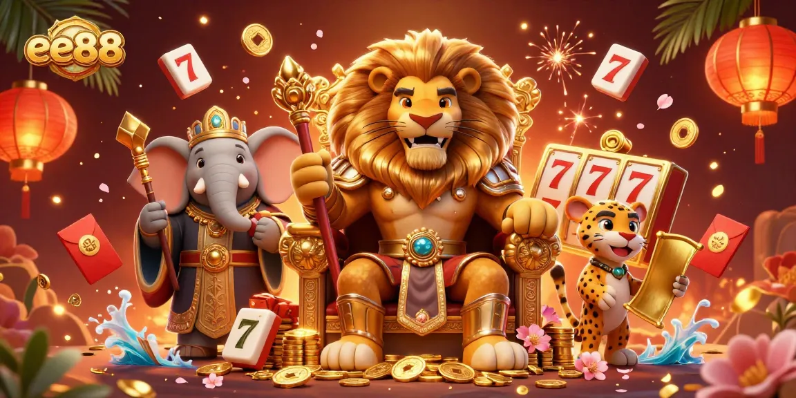 Experience the excitement of ee88 with a vibrant 3D casino scene featuring a king, elephant, and cheetah amid festive casino elements.