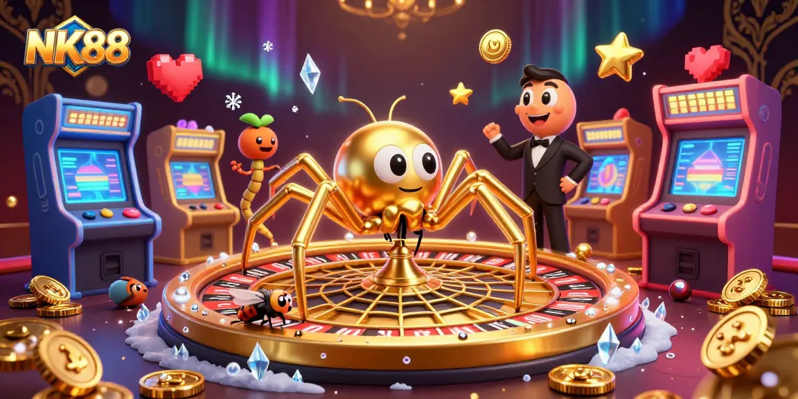 Win big at NK88 with a thrilling illustration of a golden spider spinning a roulette wheel.