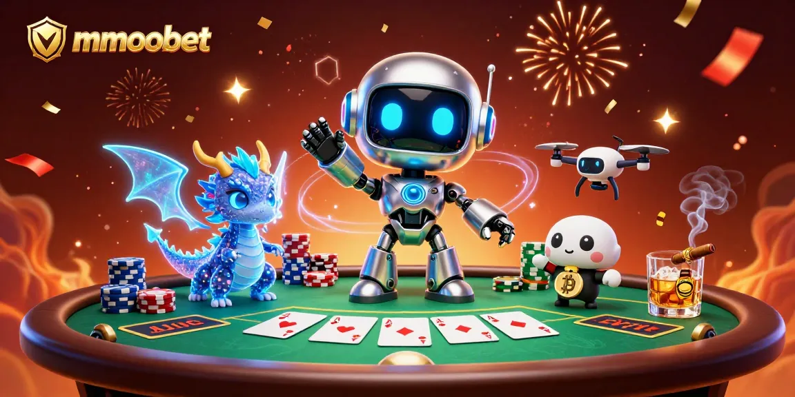 Action-packed mmoobet casino illustration featuring a robot mascot, poker elements, and a bitcoin-themed drone.