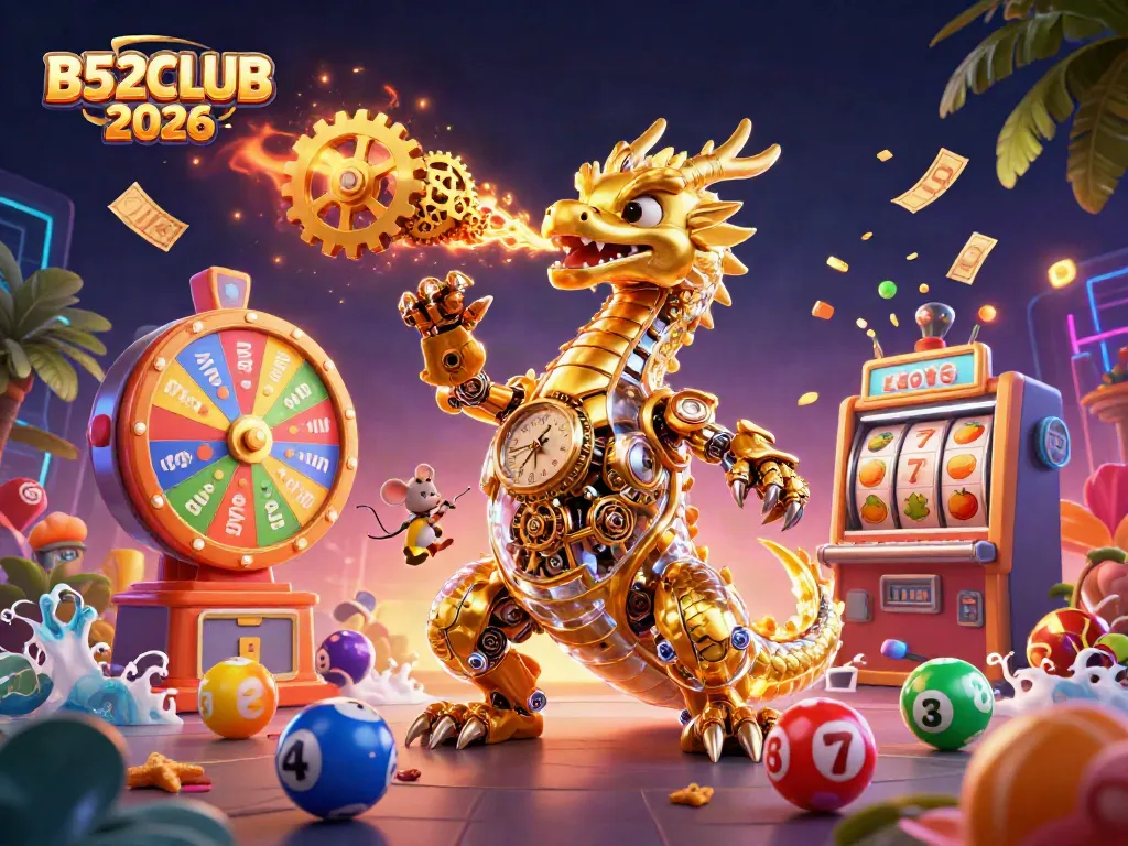 B52CLUB 2026 showcases a vibrant virtual casino scene with a dragon, lottery elements, and gaming excitement