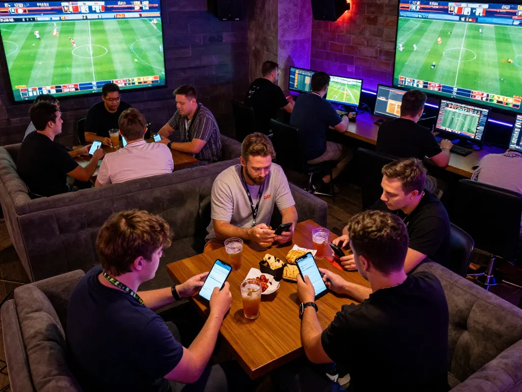 Excited bettors engaging with Nhà Cái RR88's mobile sports betting platform in a vibrant gaming lounge.