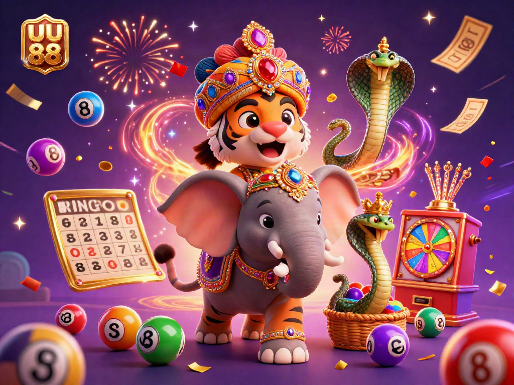Experience exhilarating gaming action at UU 88 with colorful lottery balls, golden bingo card, and vibrant prize wheel.