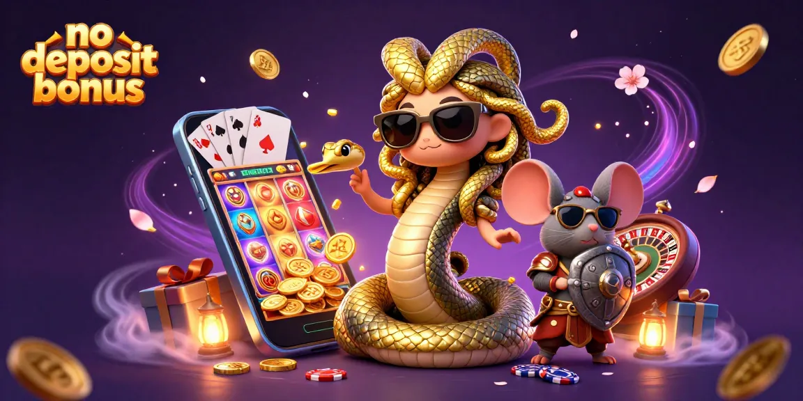 Experience the thrill of winning with a no deposit bonus at online casinos, featuring Medusa and a warrior mouse.