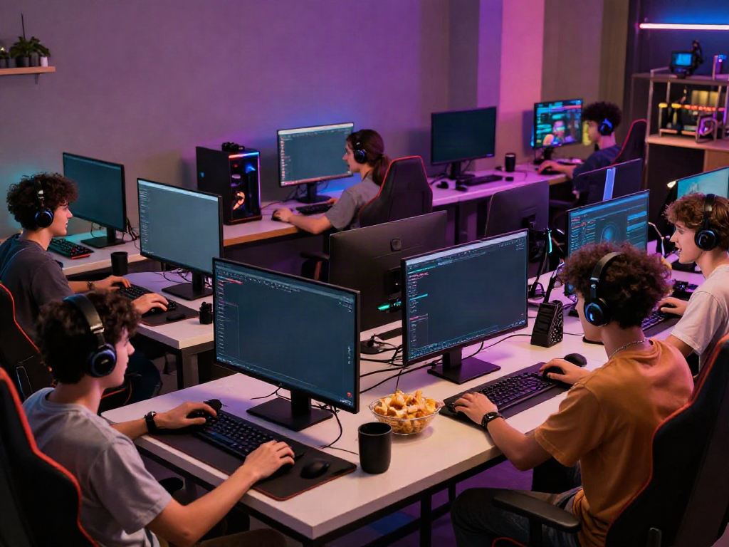 Friends enjoying online games at NBET gaming lounge, vibrant atmosphere.