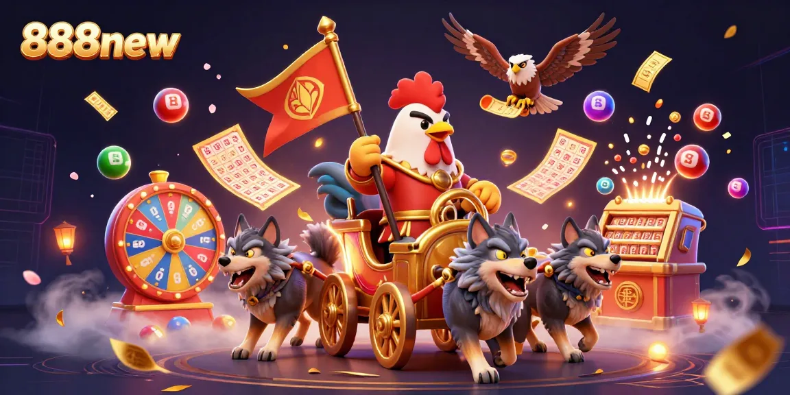 Engage with 888new's thrilling lottery theme shown in a vibrant 3D casino scene.