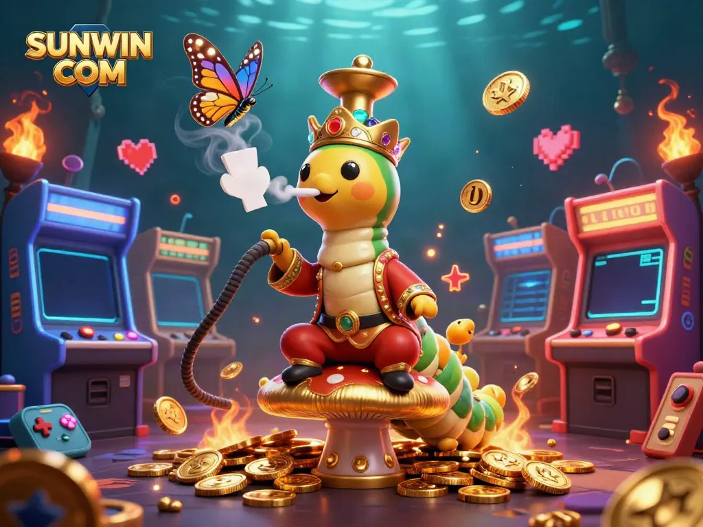 Experience the excitement at SUNWIN COM with a vibrant 3D illustration of a caterpillar gaming scene featuring poker symbols.