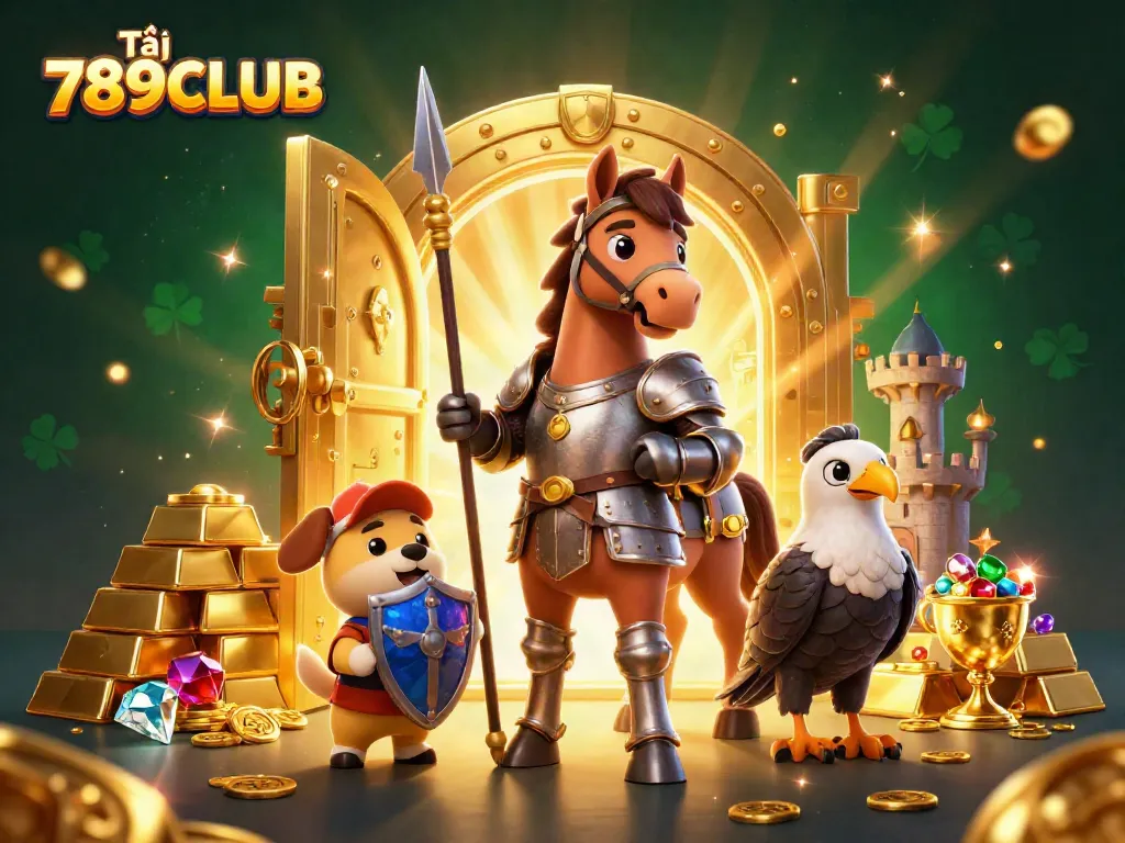 Tải 789CLUB and immerse in rich casino adventure with knight, puppy, and falcon.