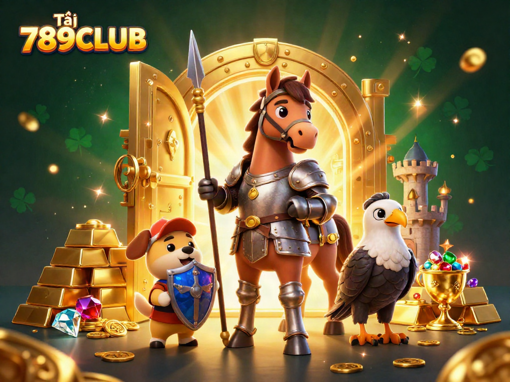 Tải 789CLUB and immerse in rich casino adventure with knight, puppy, and falcon.