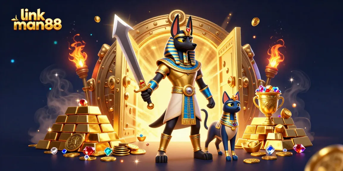 Engage with link man88 in a vibrant casino scene featuring Anubis wielding a golden sword surrounded by treasures.