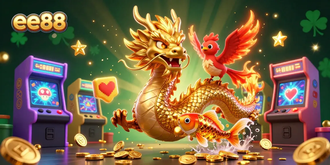 Experience ee88 with a vibrant casino-themed 3D illustration showcasing gaming excitement and rich characters.