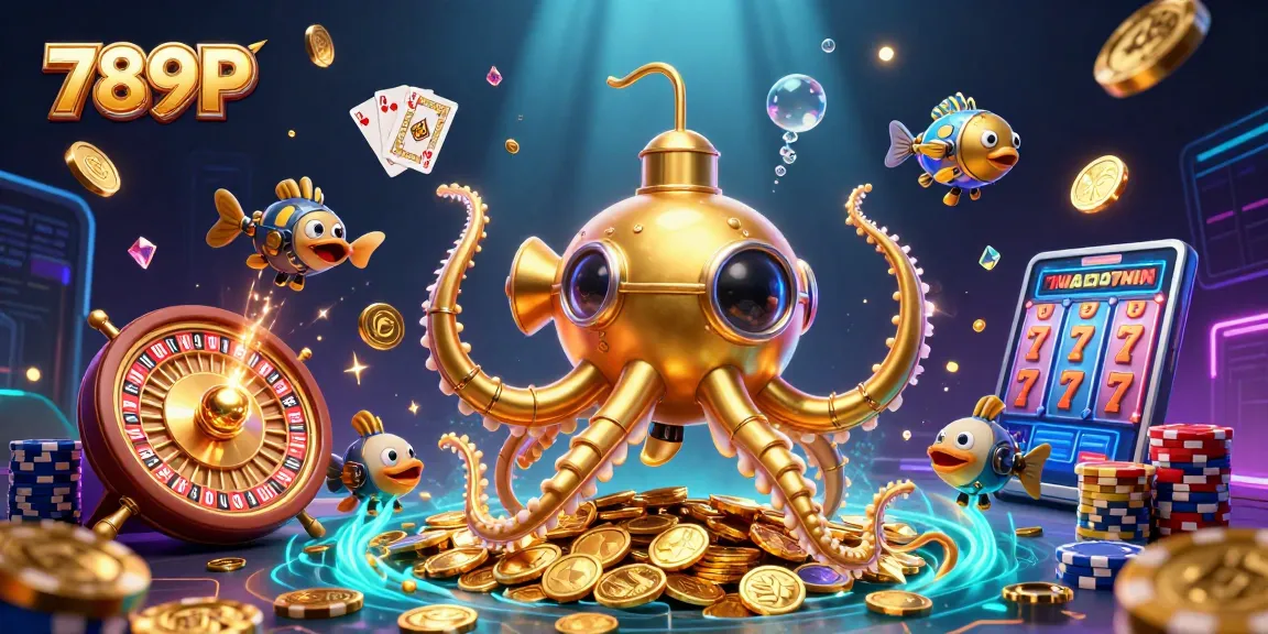 Experience thrilling games with 789P's golden kraken submarine amidst shining coins and casino elements.