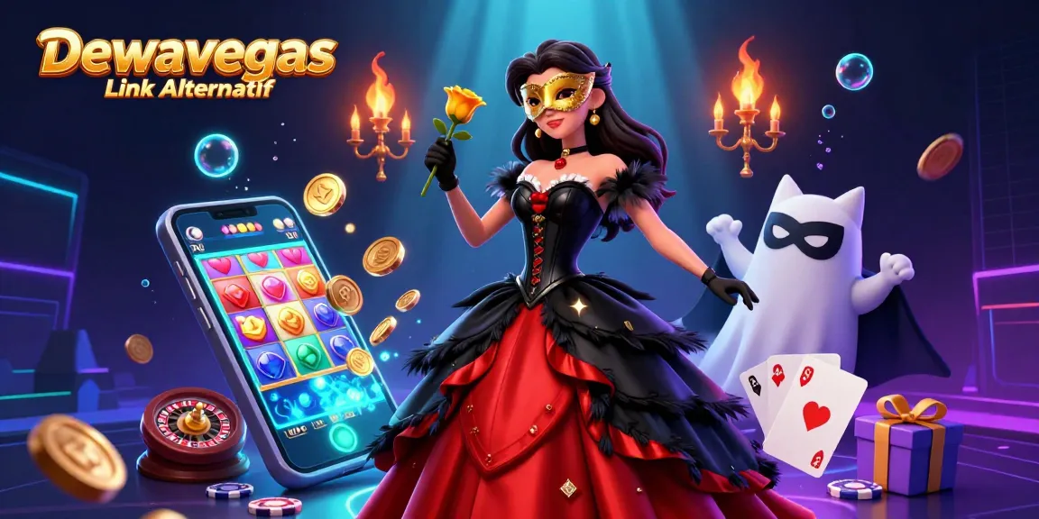 Dewavegas Link Alternatif features a captivating casino scene with a stunning woman, vibrant slot games, and dynamic elements.