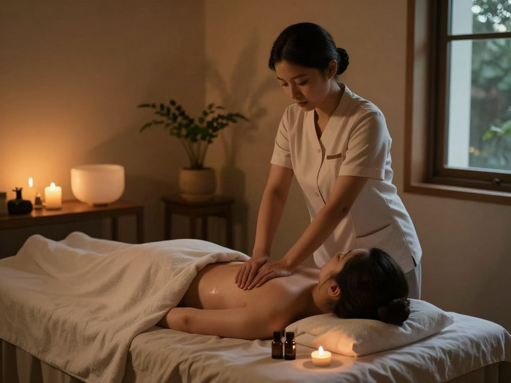 구로출장 massage therapy scene with therapist and client in calming ambiance