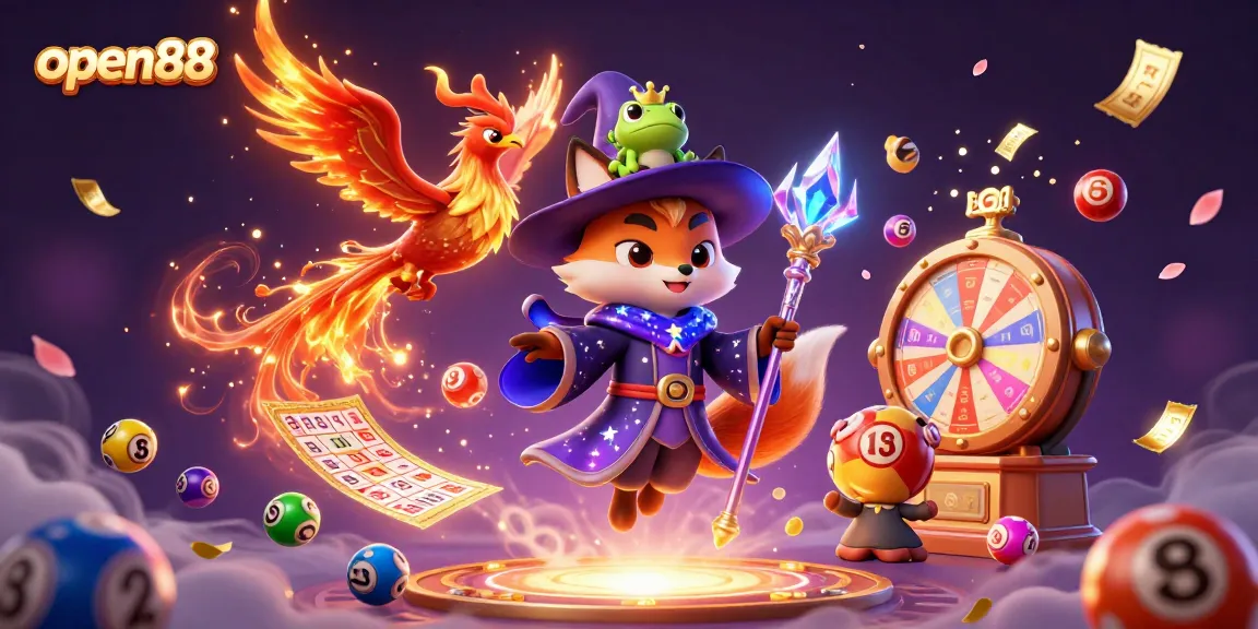 Experience thrilling lottery action with open88 as magical characters celebrate wins amid dynamic casino elements.