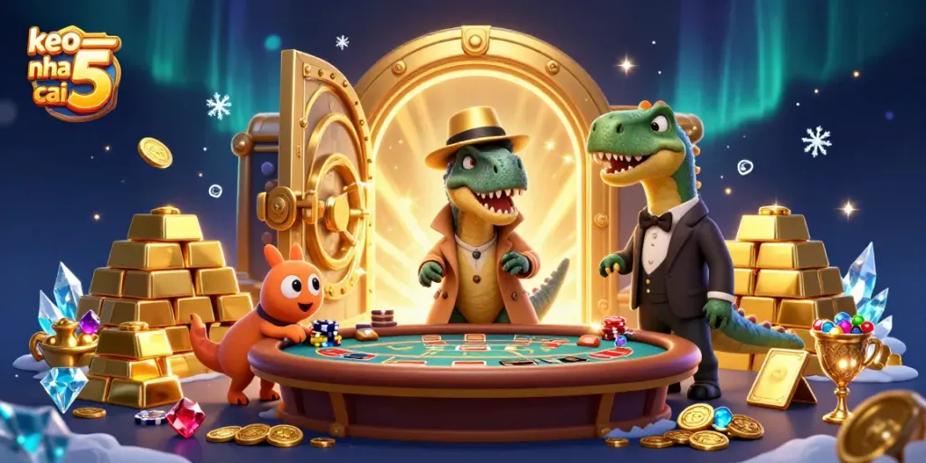 Bet on keo nha cai 5 with cartoon characters in a vibrant casino scene full of treasures.