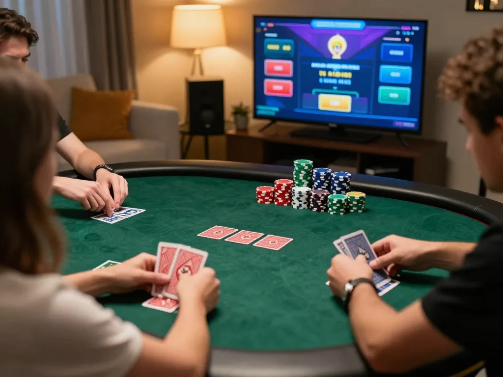 Engage in thrilling online poker gameplay at https://rr88c.org/, showcasing players' hands and vibrant interface in a cozy home
