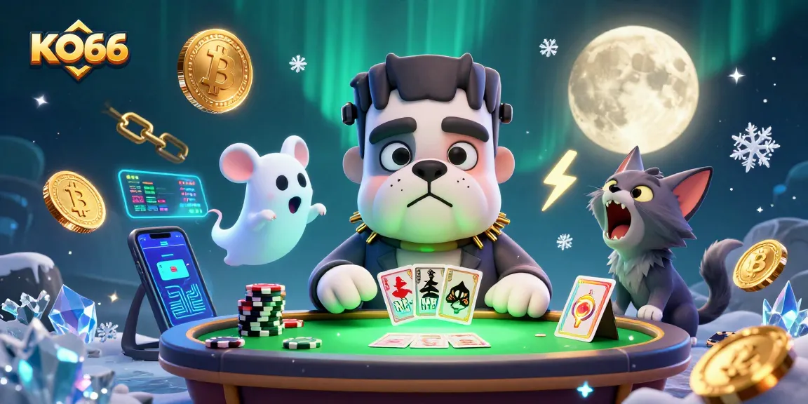 KO66 engages players with a fun casino scene featuring a cartoon bulldog dealer and vibrant crypto elements.