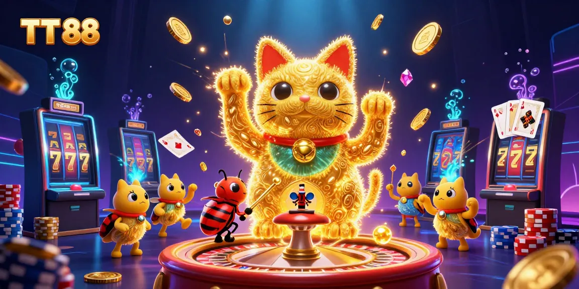 Win big at TT 88 with a colorful casino scene featuring dynamic gaming elements.