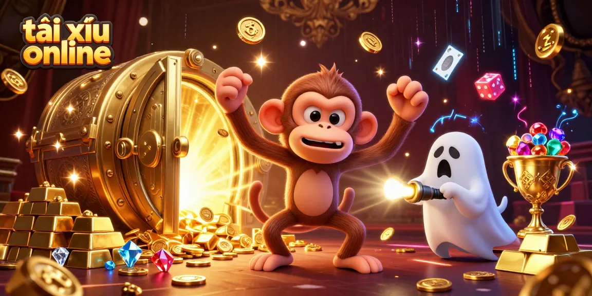 Experience the thrill of tài xỉu online with a mischievous monkey juggling gold while a curious puppy tracks it.