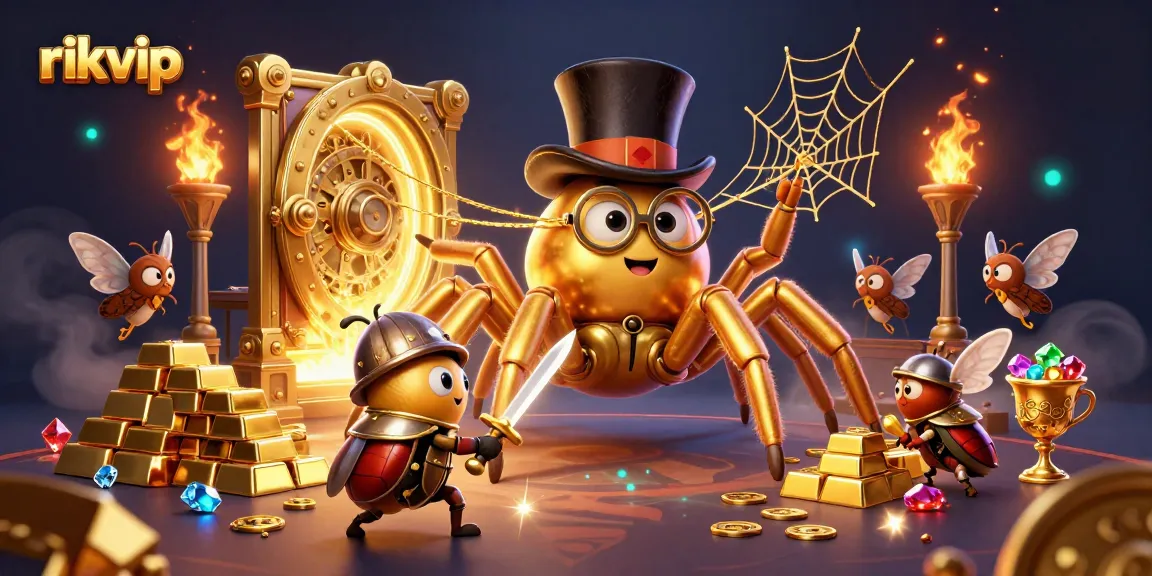 Engage with the thrilling world of rikvip as a golden tarantula weaves fortune amidst a dynamic casino scene.