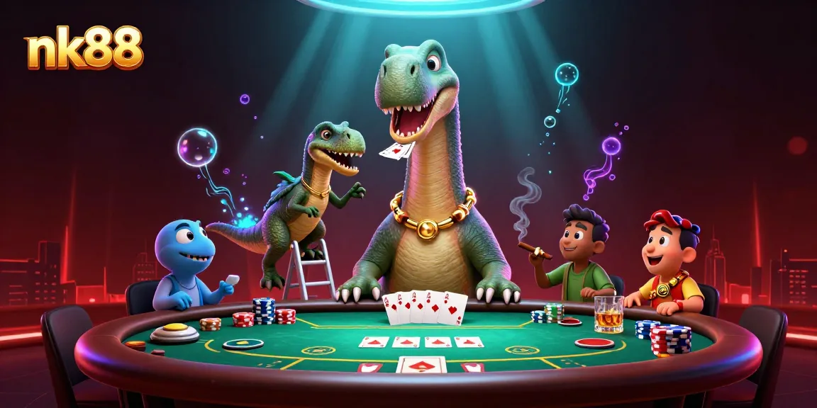 nk88 showcases a vibrant poker scene with a brontosaurus and clever raptor dealers.