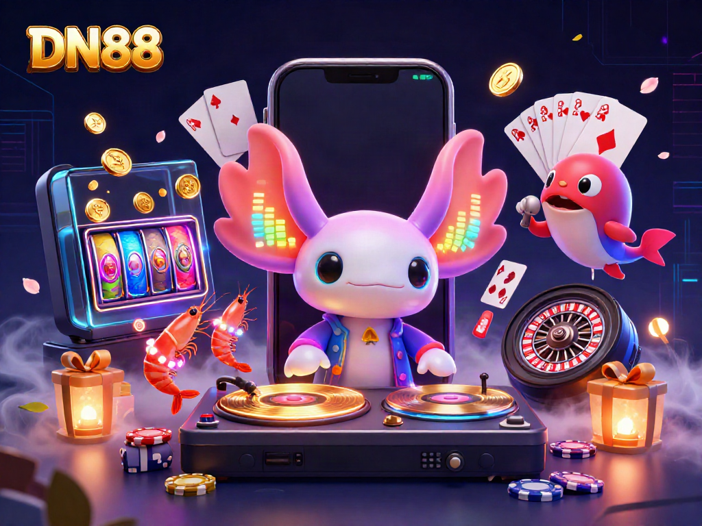 Experience thrilling slot action with DN88 featuring vibrant characters and casino elements in a neon underwater scene.