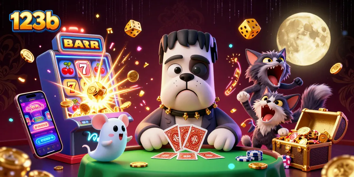 Engage in thrilling gameplay with 123b's vibrant 3D casino scene featuring monster dealers and winnings.