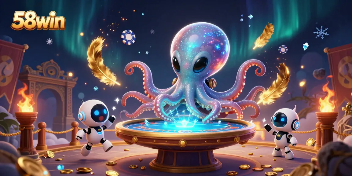 Engage with 58win’s thrilling alien poker game experience featuring an octopus dealing holographic cards.