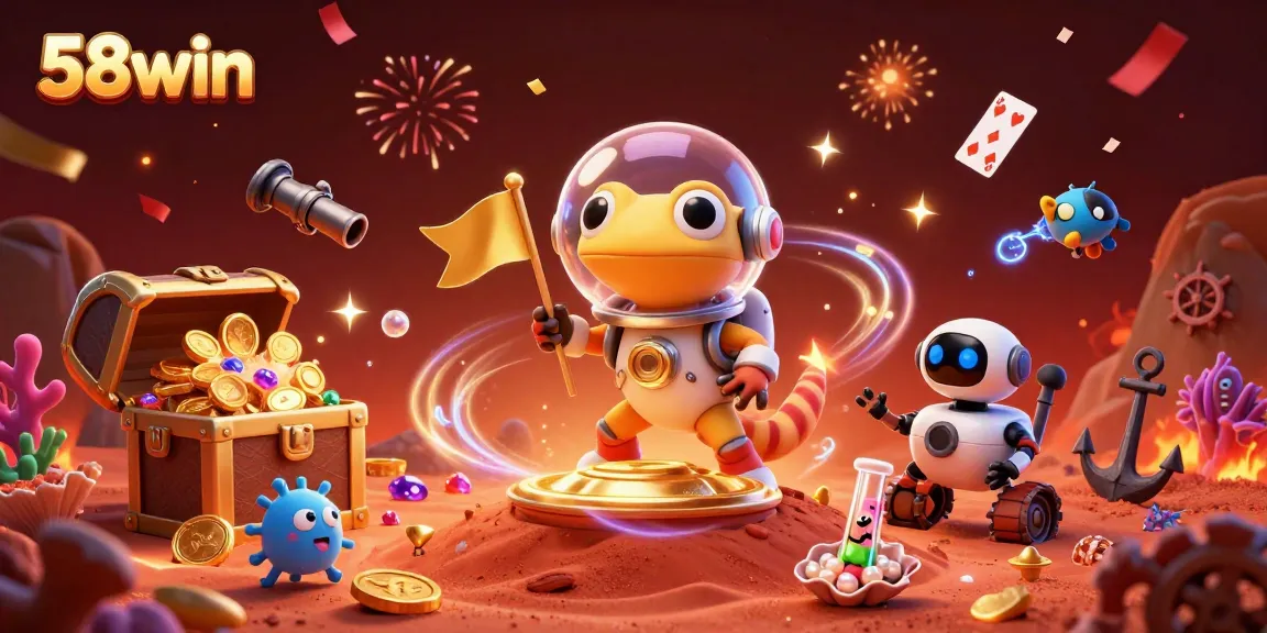 Experience the thrill of 58win with a Martian gecko uncovering a hidden casino in a vibrant cosmic scene.