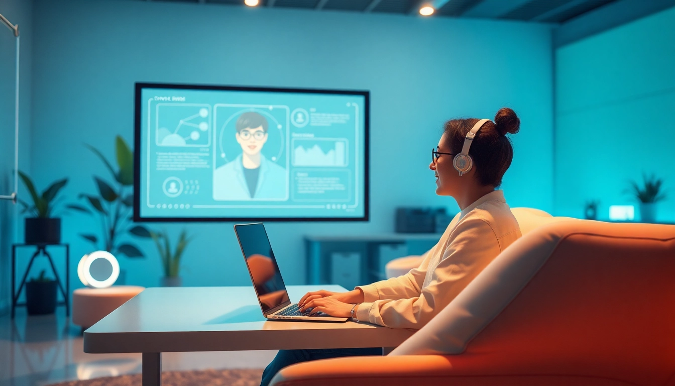 Interactive scene of a user engaging with a crush ai companion in a modern tech workspace.