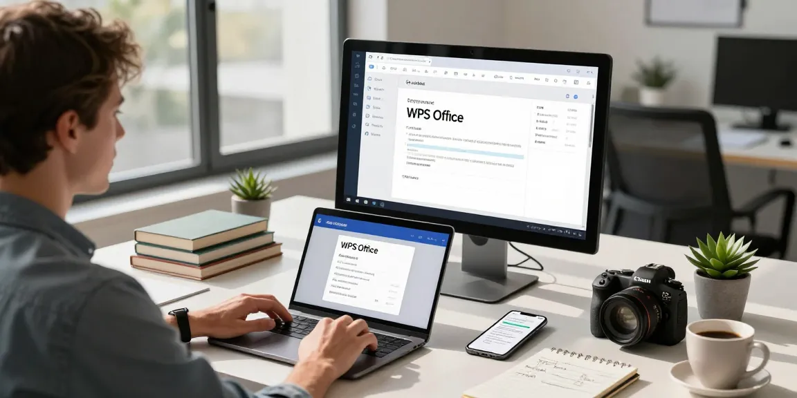 Download WPS Office in a modern workspace with technology and productivity tools.