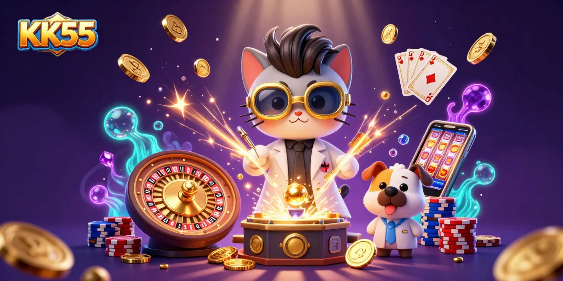 KK55's mad scientist cat creates winning strategies with gold coins and casino elements.