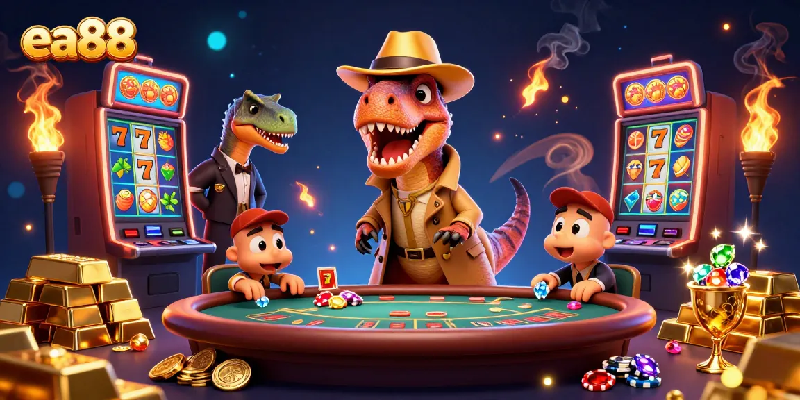 A 3D cartoon velociraptor counting cards at a blackjack table in the vibrant ea88 casino, amidst vibrant game elements.