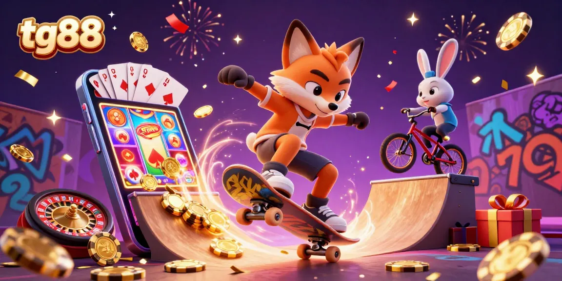 Experience thrilling games with tg88 as the cartoon characters celebrate in vibrant casino energy.