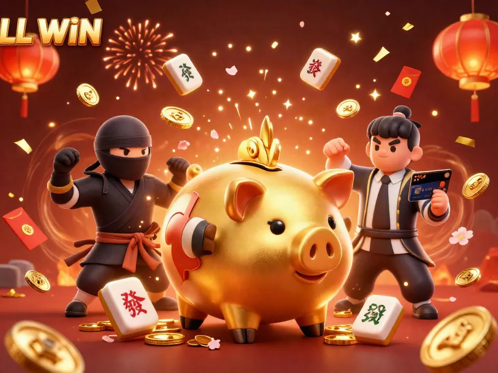 LL WIN presents an engaging 3D scene with a confident sumo wrestler piggy bank celebrating a big win, set in a vibrant online casino atmosphere.