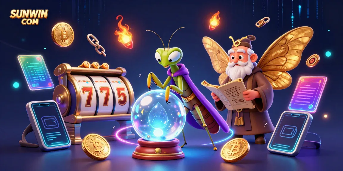 SUNWIN COM showcases a 3D fortune teller and moth librarian in a vibrant casino scene, embodying online gaming excitement.