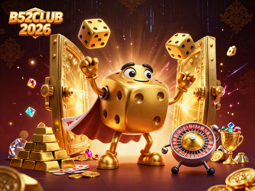 Experience thrilling gameplay at B52CLUB 2026 with vibrant 3D casino-themed illustration showcasing golden dice and treasures.
