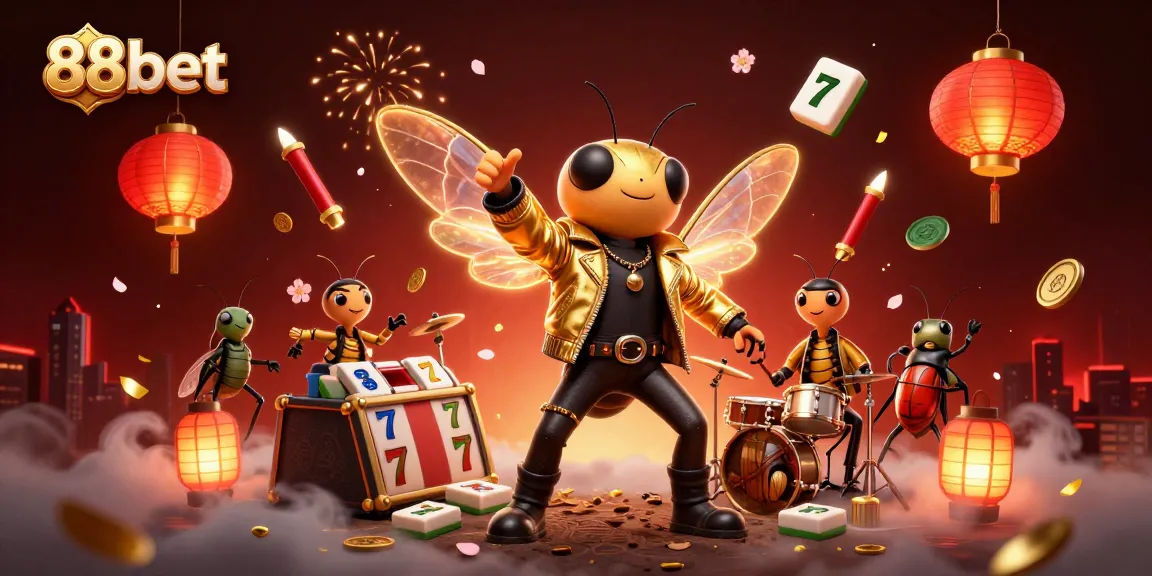 Experience the excitement of 88bet with a vibrant 3D casino scene featuring a cicada rock star and slot elements.
