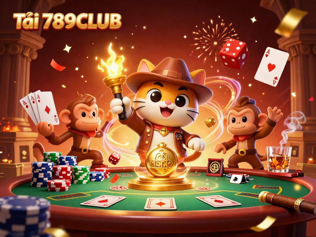 Experience Tải 789CLUB with an adventurous cat explorer and a treasure discovery in a vibrant casino scene.