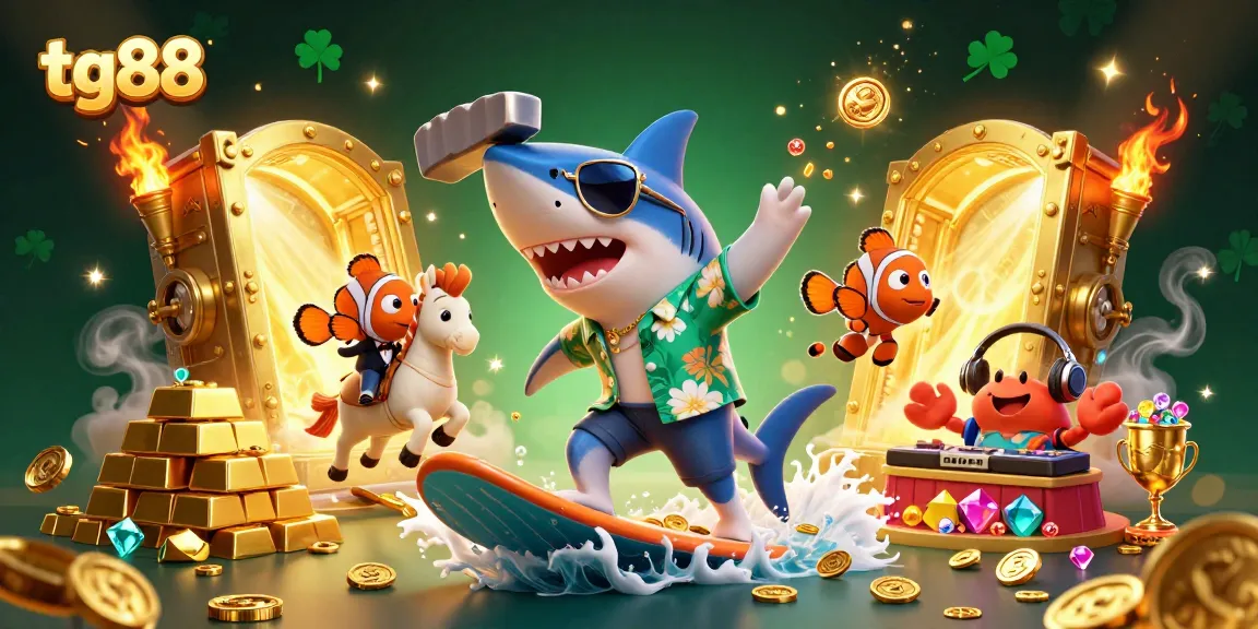 Engage with tg88 as a hammerhead shark surfs gold coins in a vibrant casino scene.