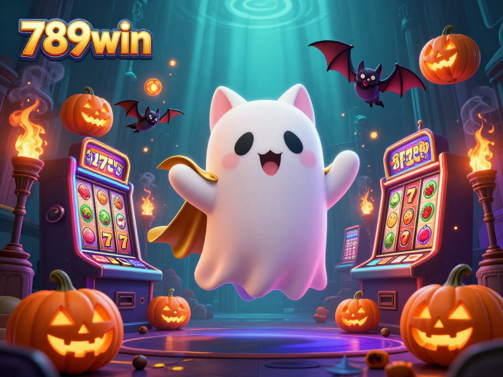 Experience thrilling casino adventures with 789win's haunted theme featuring a ghost cat and vibrant game elements.