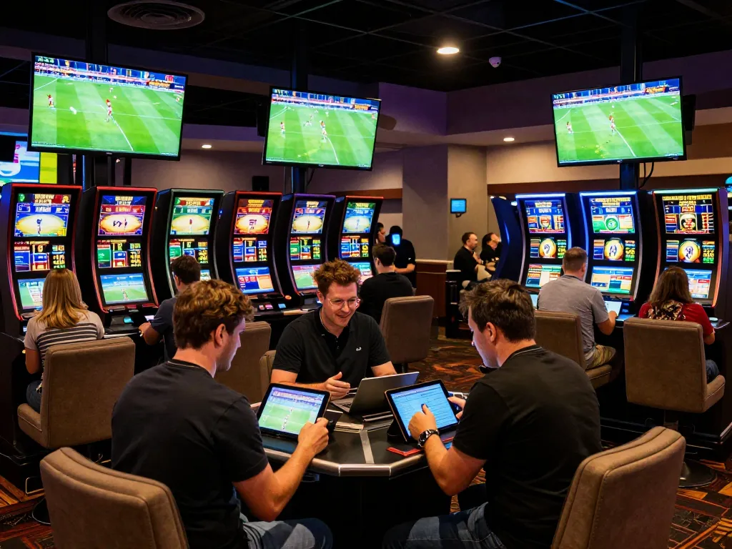 Engaged bettors reviewing kèo nhà cái in an exciting sports betting area with live match displays