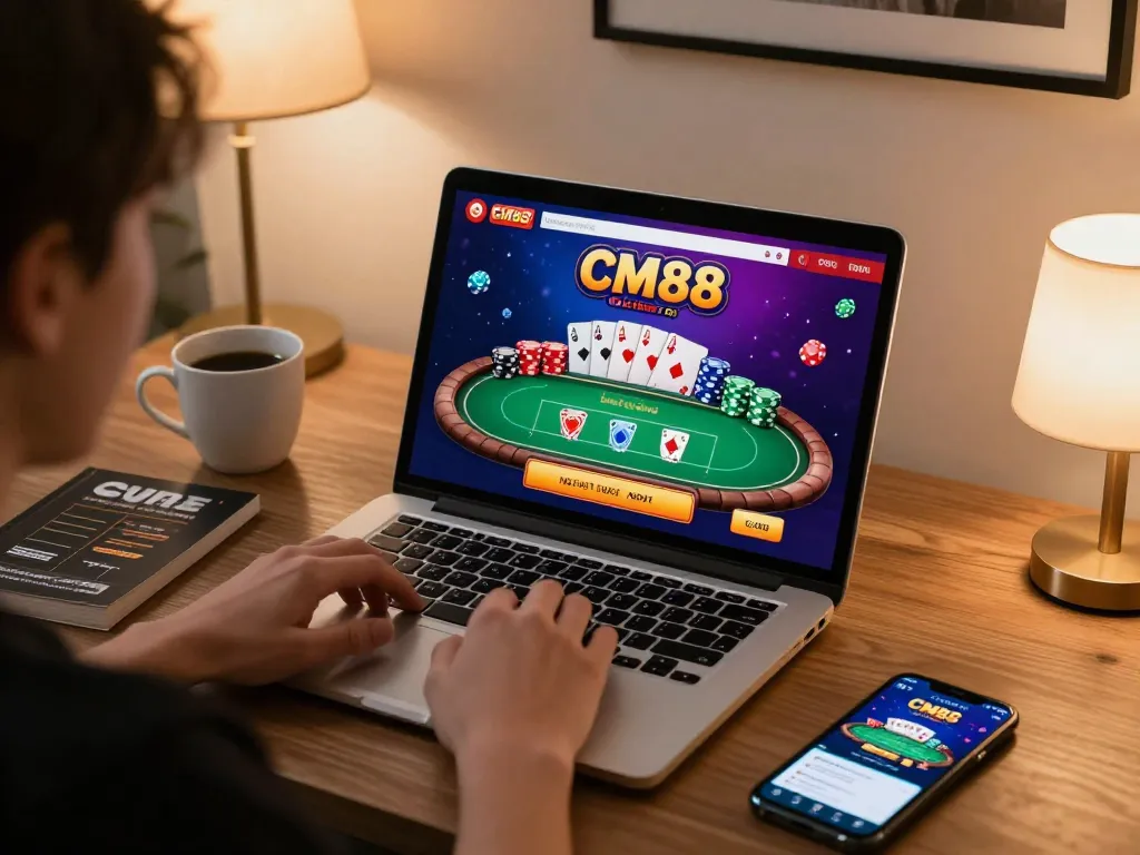 Player engaged in a poker game at CM88's online casino, showcasing an immersive gaming experience.
