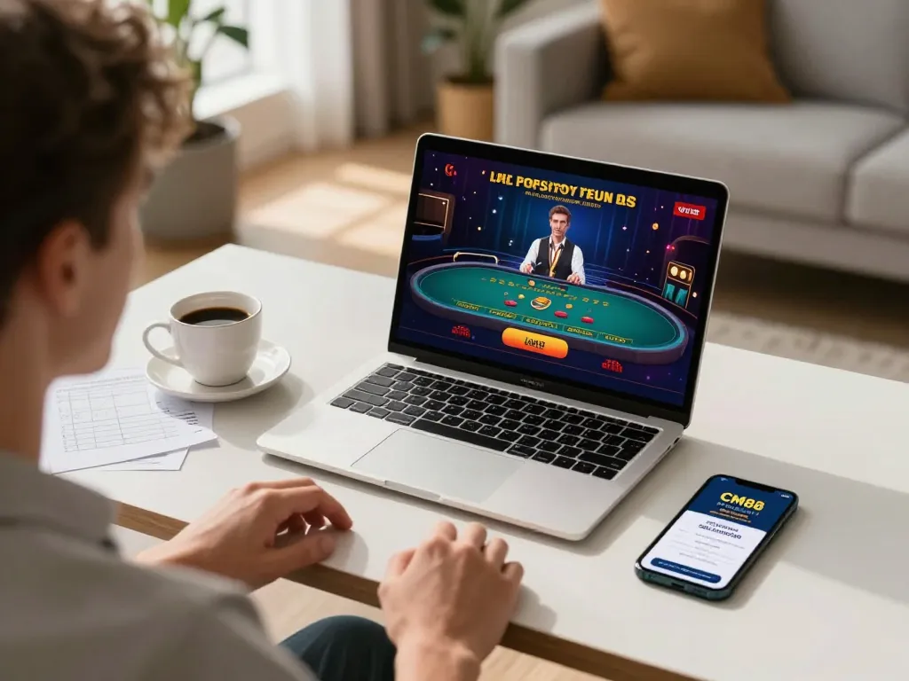 Player engaging with CM88 online casino on laptop in a cozy home setting, showcasing responsible gaming.